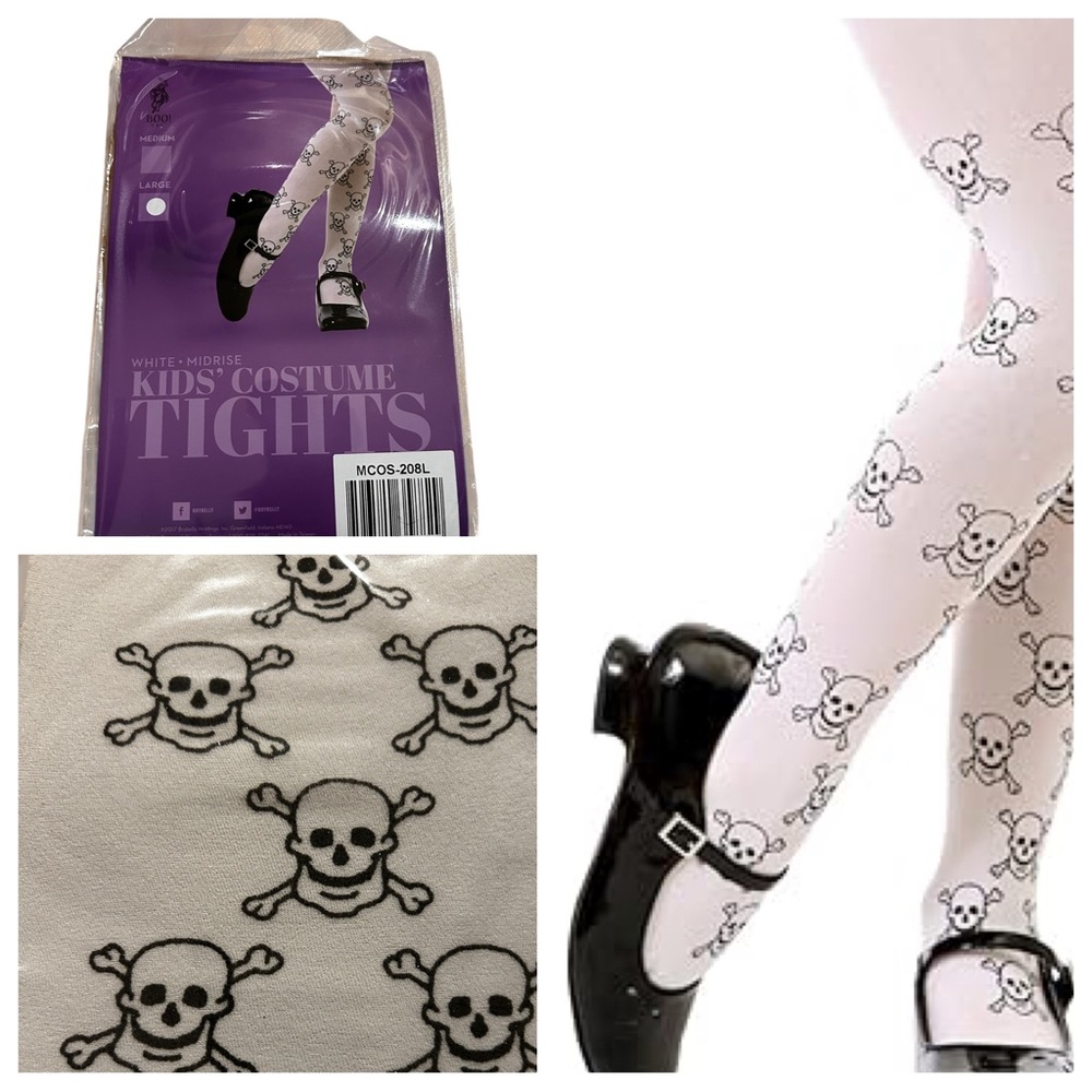 Skull  Crossbones White Tights Kids Halloween Costume Dress Stockings